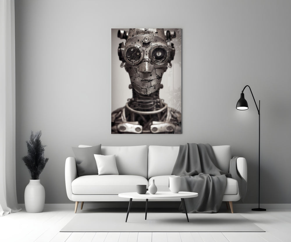 To be a Machine close-up showing weathered cyborg head with brass goggles