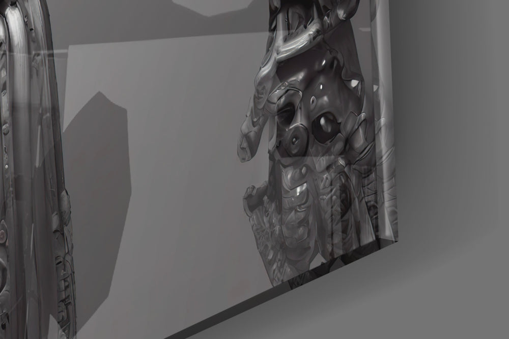 Humachine artwork anchoring a wall with bold monochrome palette