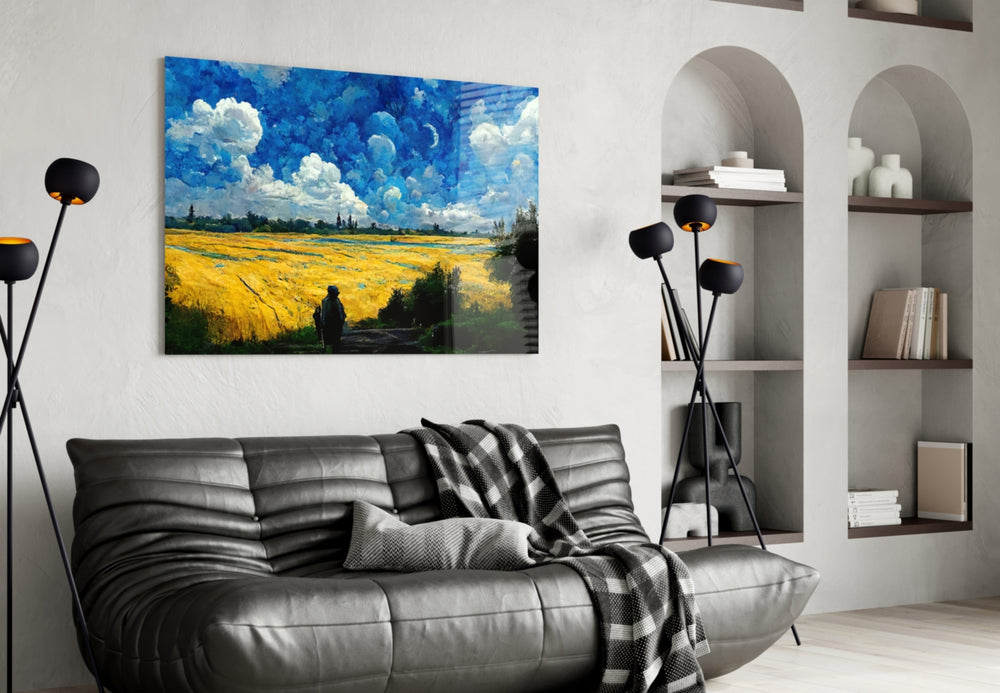 Cloudy Day glass wall art styled above a headboard in a bedroom
