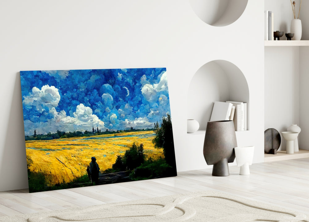 Cloudy Day close-up showing wanderer beside golden wheat under painted clouds