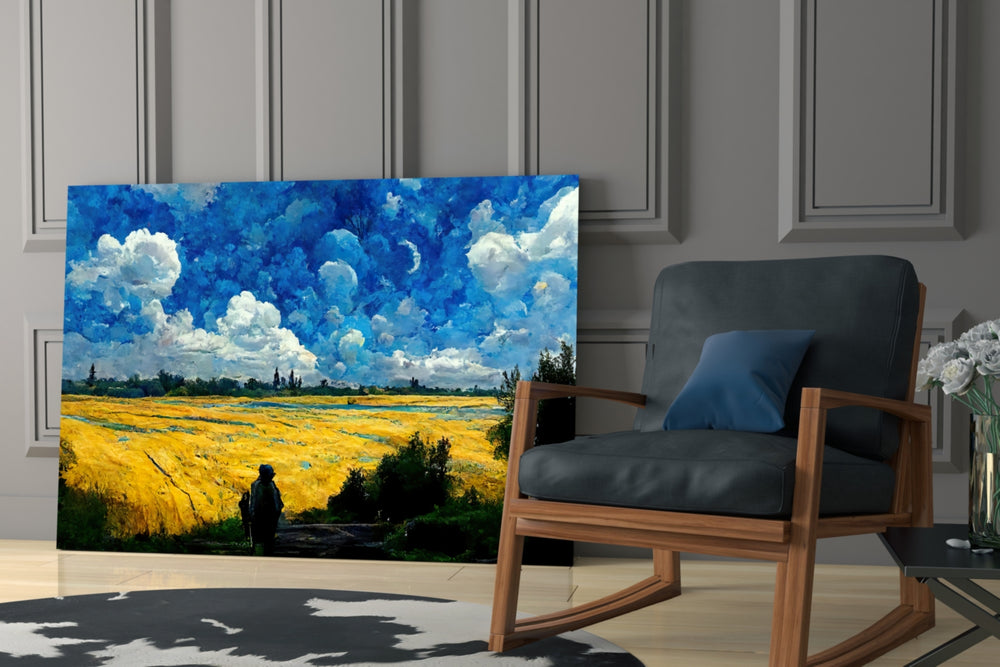 Cloudy Day glass print enhancing an office with cinematic mood
