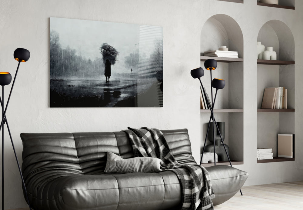 Loneliness glass wall art styled above a desk in a study