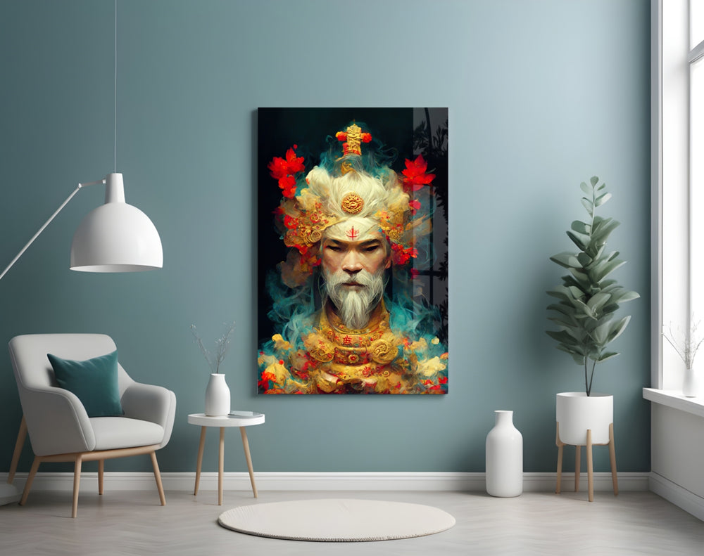 Ruler of the New Age glass wall art styled above a sideboard in a man cave