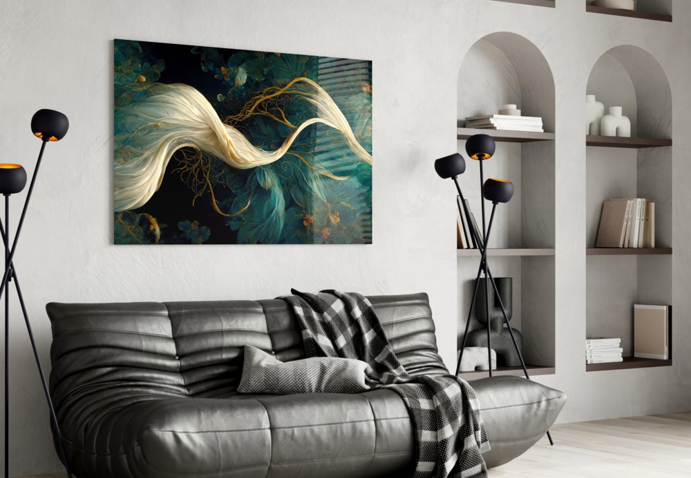 Flow of Roots glass wall art styled above a headboard in a bedroom