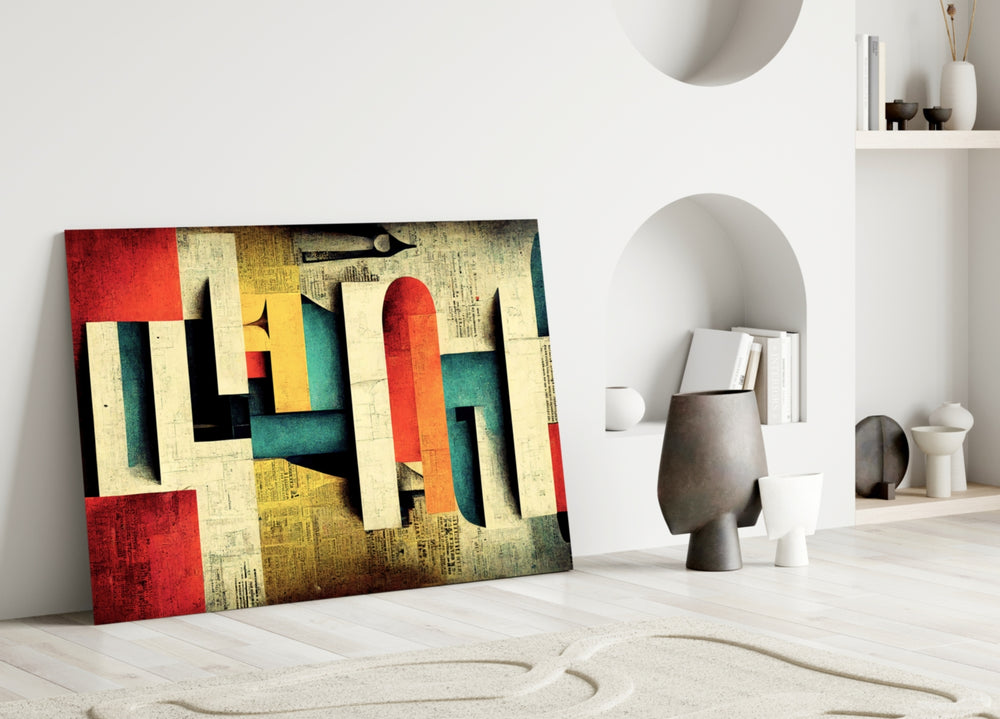 Language close-up showing mustard pillars and crimson rectangles on newsprint