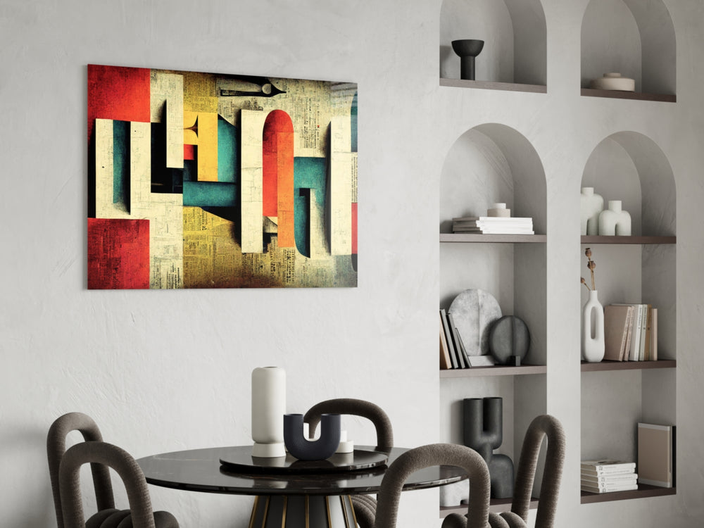 Language panel adding editorial grace to a living room