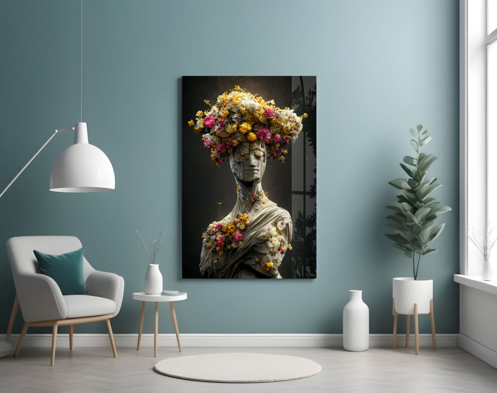 Abandoned Statue glass wall art styled above a console in a hallway