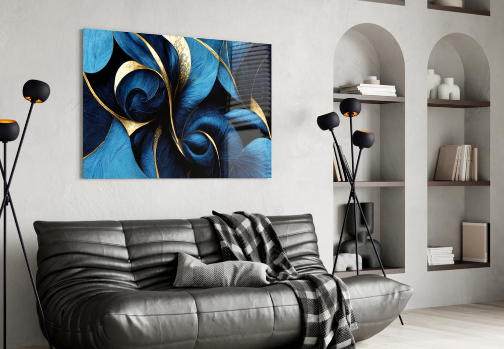 Curves glass wall art styled above a headboard in a bedroom