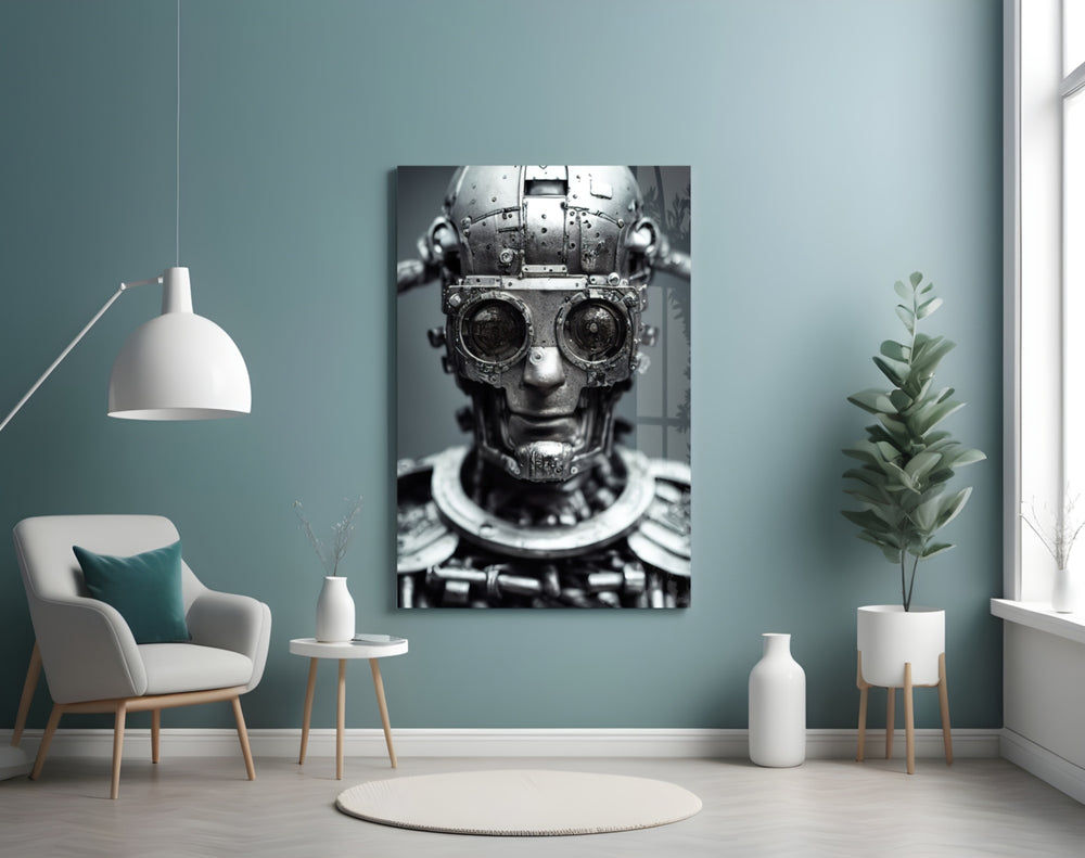 Humachine glass wall art styled above a desk in an office