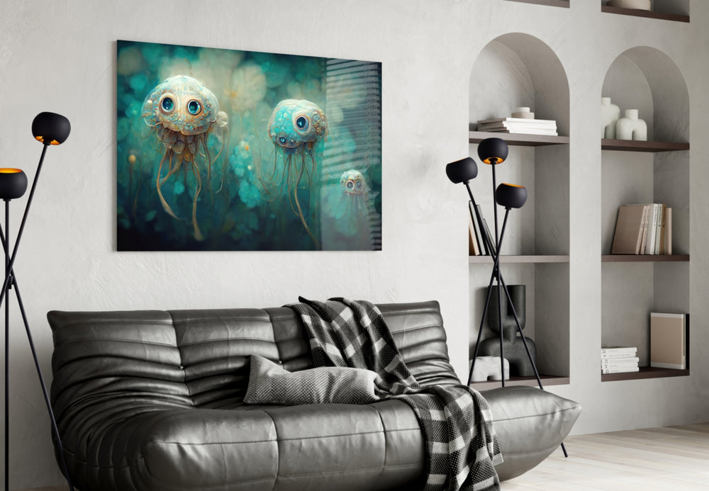 Jelly Eyes glass wall art styled above a headboard in a bedroom