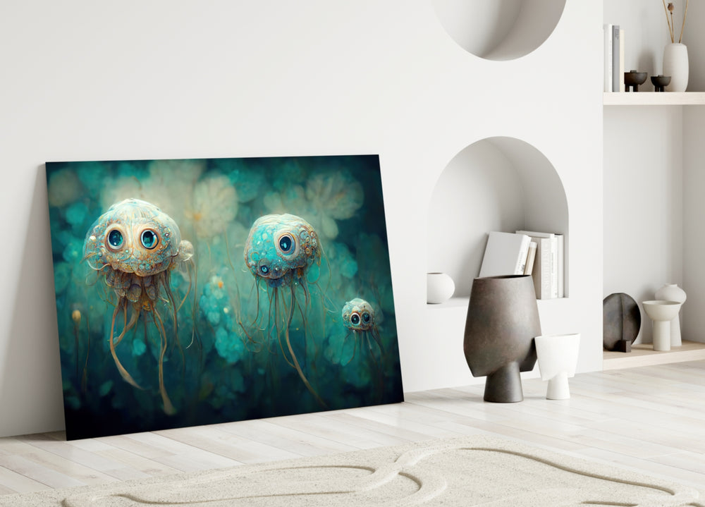 Jelly Eyes close-up showing three big-eyed jellyfish in turquoise mist