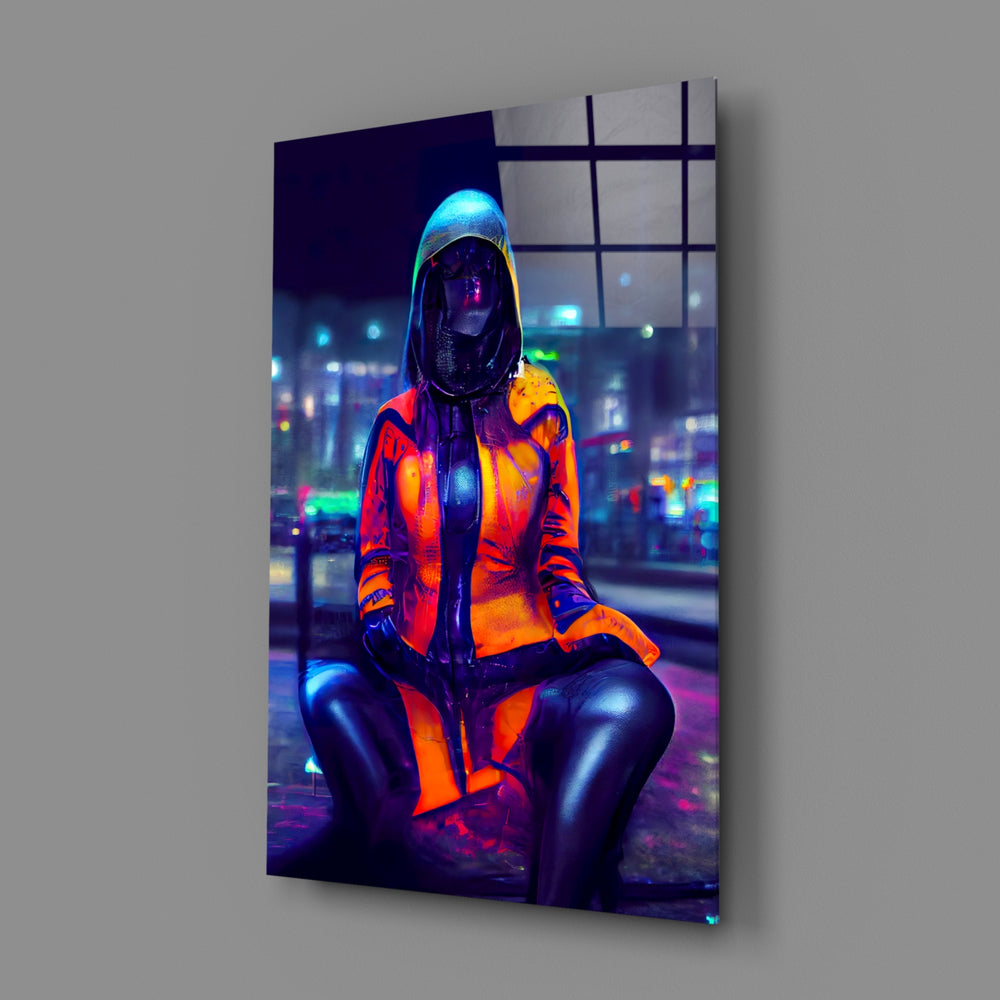 Cyberpunk-portrait panel bringing electric pulse to a contemporary teen lounge