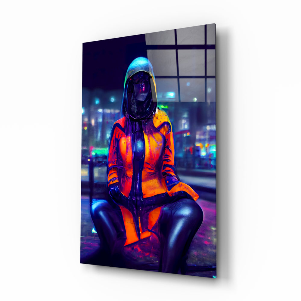 The Wait glass wall art displayed above a black desk in a moody gaming room with orange and teal LED strips