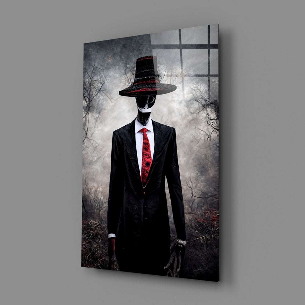 Horror-portrait panel bringing haunted gravity to a contemporary man cave