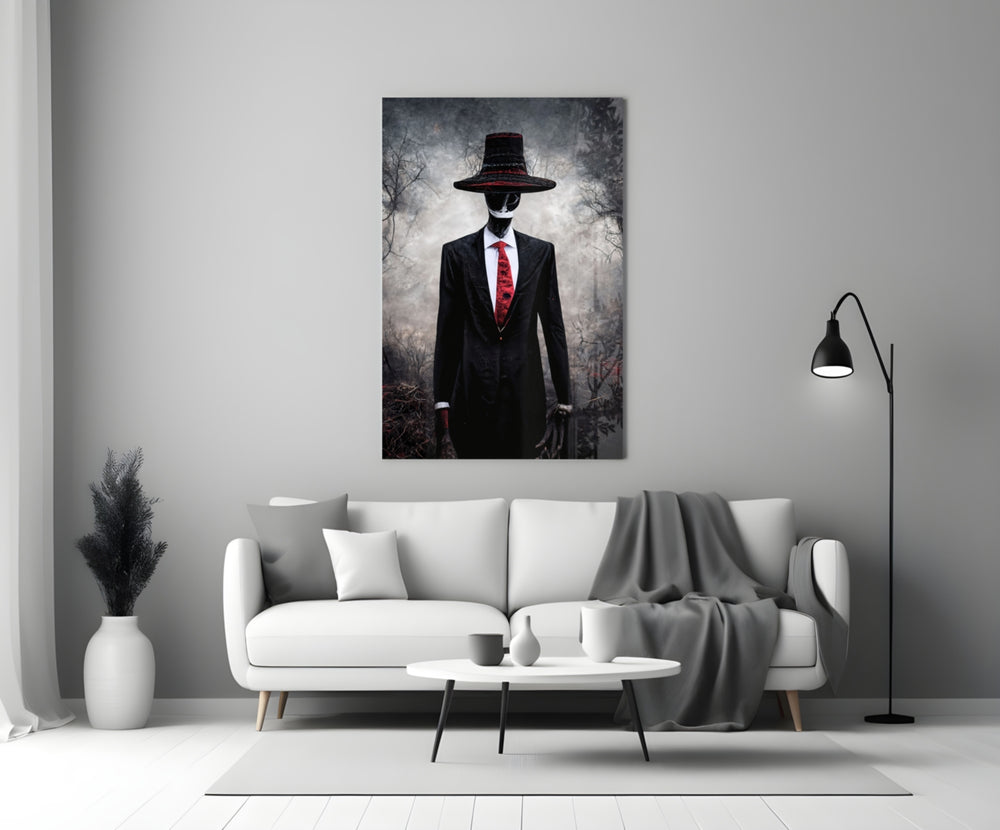 Negotiator close-up showing slender figure with top hat and crimson tie