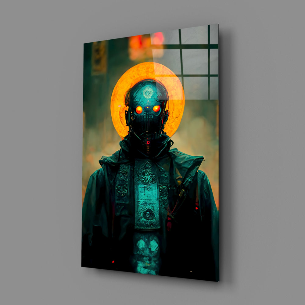 Cyber-icon panel bringing solemn radiance to a contemporary man cave