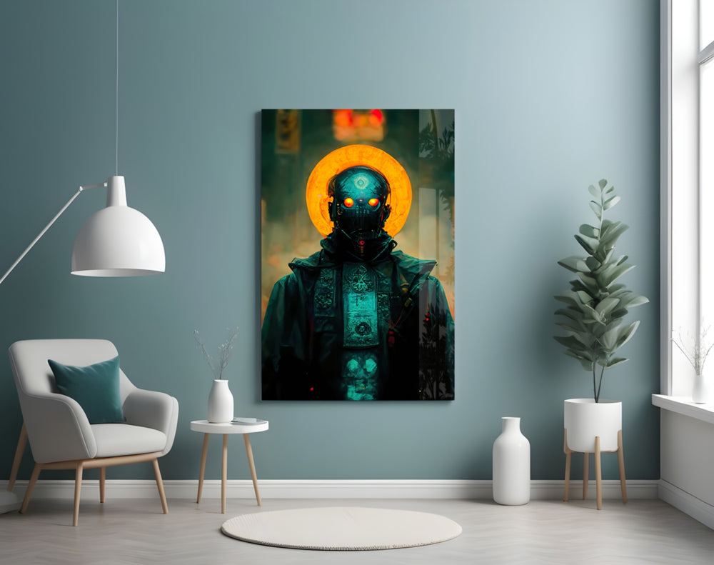 The Prince glass wall art styled above a desk in an office