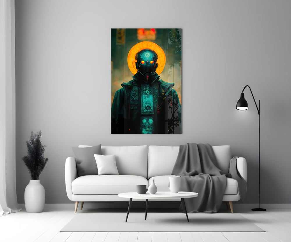 The Prince close-up showing robotic saint beneath amber halo