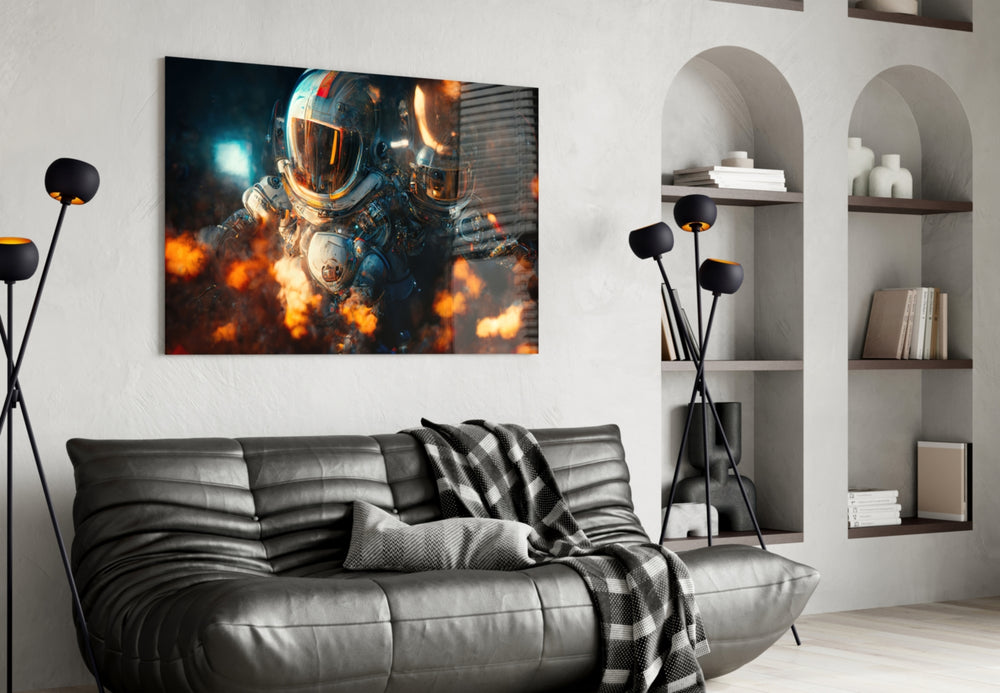 The Drift glass wall art styled above a console in a man cave