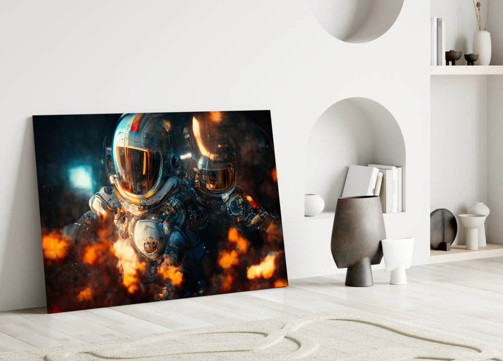 The Drift close-up showing two astronauts with gold-mirrored visors amid flames