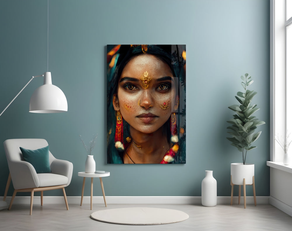 Beauty glass wall art styled above a console in a hallway
