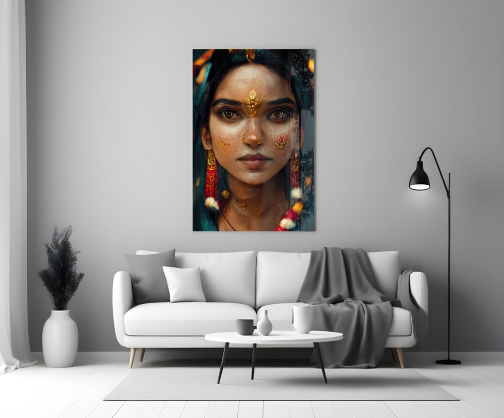 Beauty close-up showing Indian muse with gold bindi and floral filigree