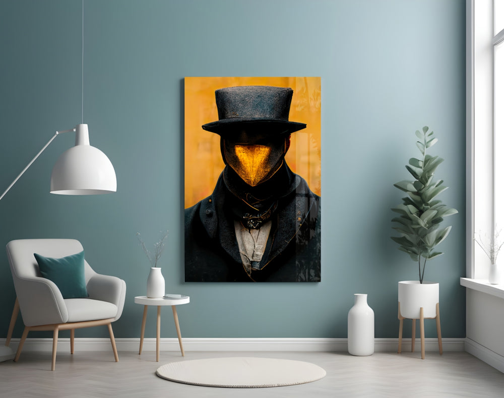 Mr. Beak glass wall art styled above a desk in an office