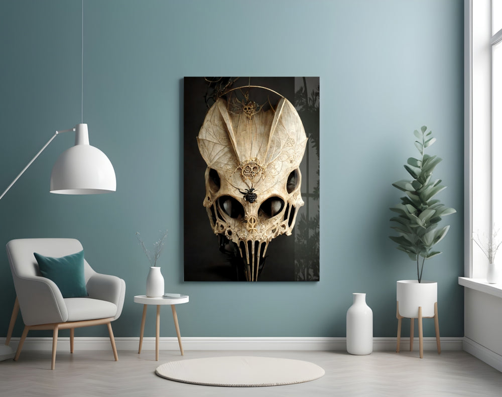 It's Skull glass wall art styled above a desk in an office