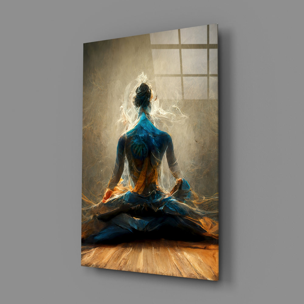 Painterly-mystic panel bringing meditative warmth to a contemporary bathroom