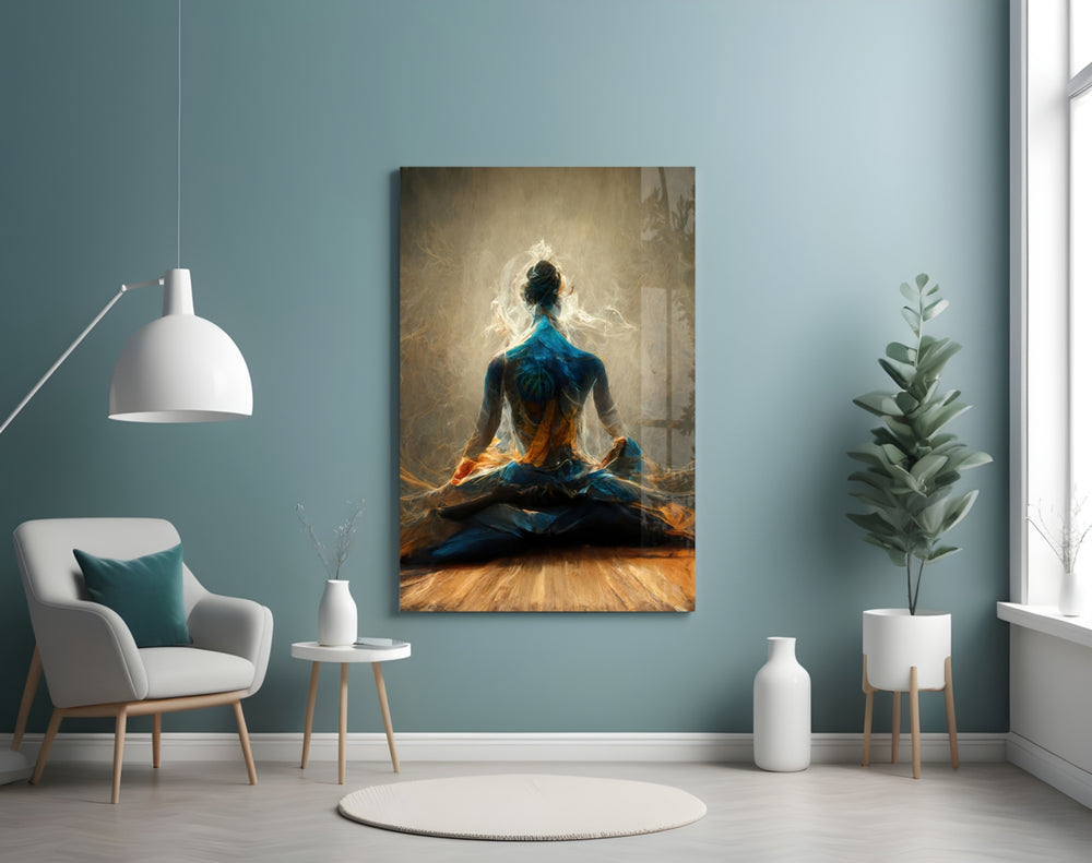 Meditation glass wall art styled above a sideboard in a living room