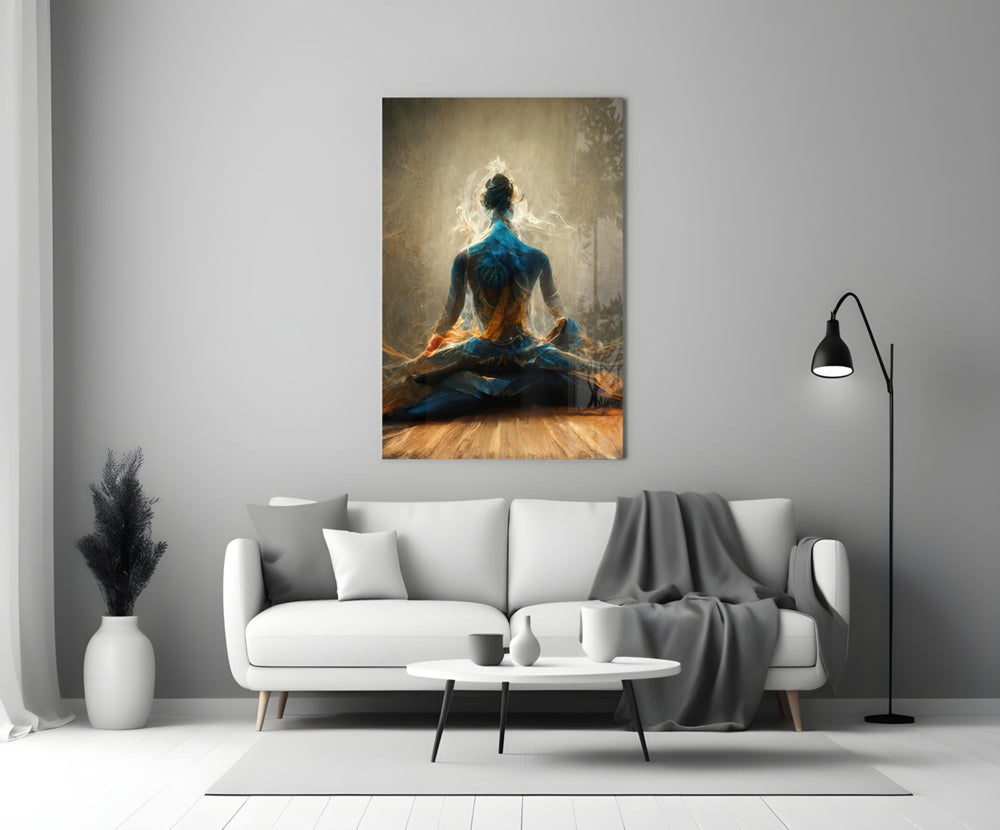 Meditation close-up showing woman in lotus pose with amber smoke