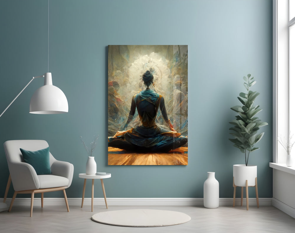 Meditation glass wall art styled above a sideboard in a living room