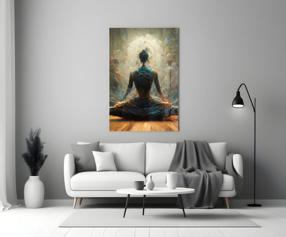 Meditation close-up showing woman in lotus pose amid ivory smoke