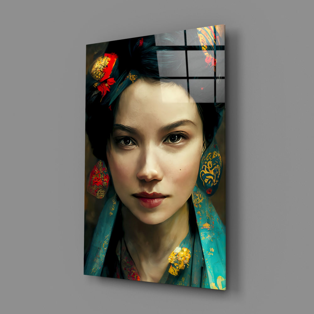 Oriental-portrait panel bringing luminous grace to a contemporary living room