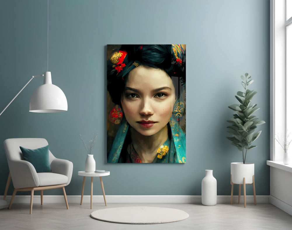 Virtual Beauty glass wall art styled above a console in a hallway