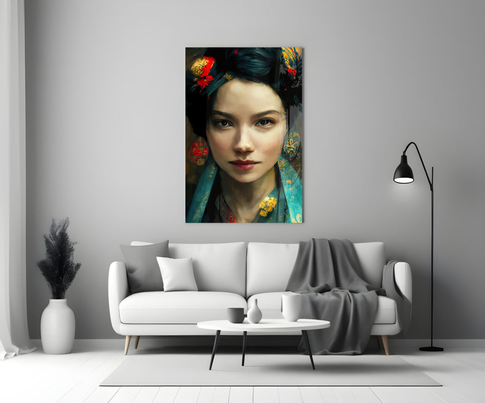 Virtual Beauty close-up showing Asian muse with teal-and-gold scarf and crimson floral motifs