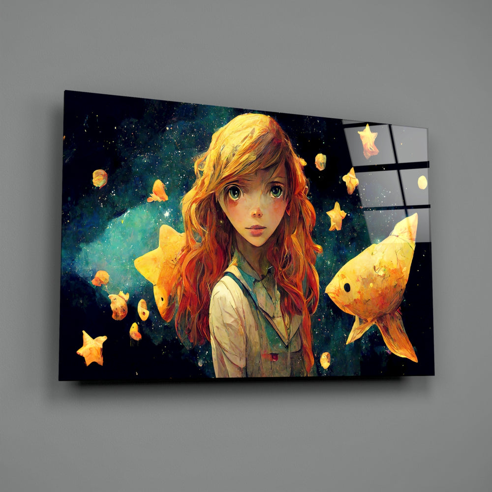 Anime-cosmic panel bringing dreamlike wonder to a contemporary teen lounge