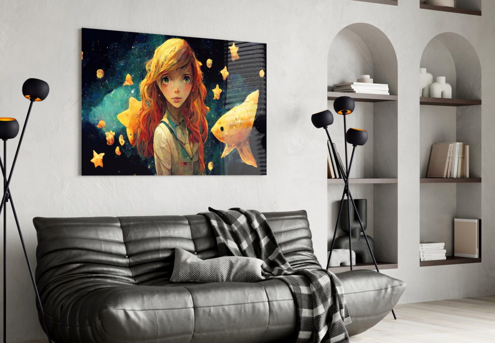 Space Aquarium glass wall art styled above a headboard in a bedroom