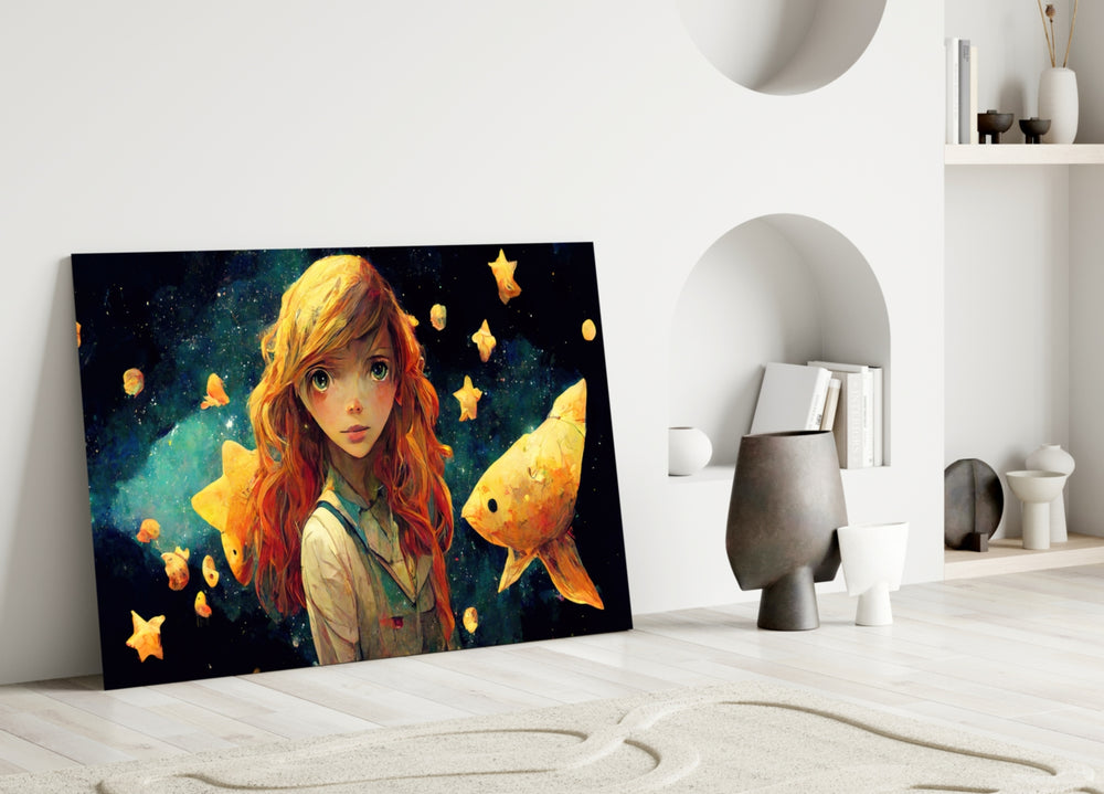 Space Aquarium close-up showing auburn anime girl gazing at cosmic goldfish