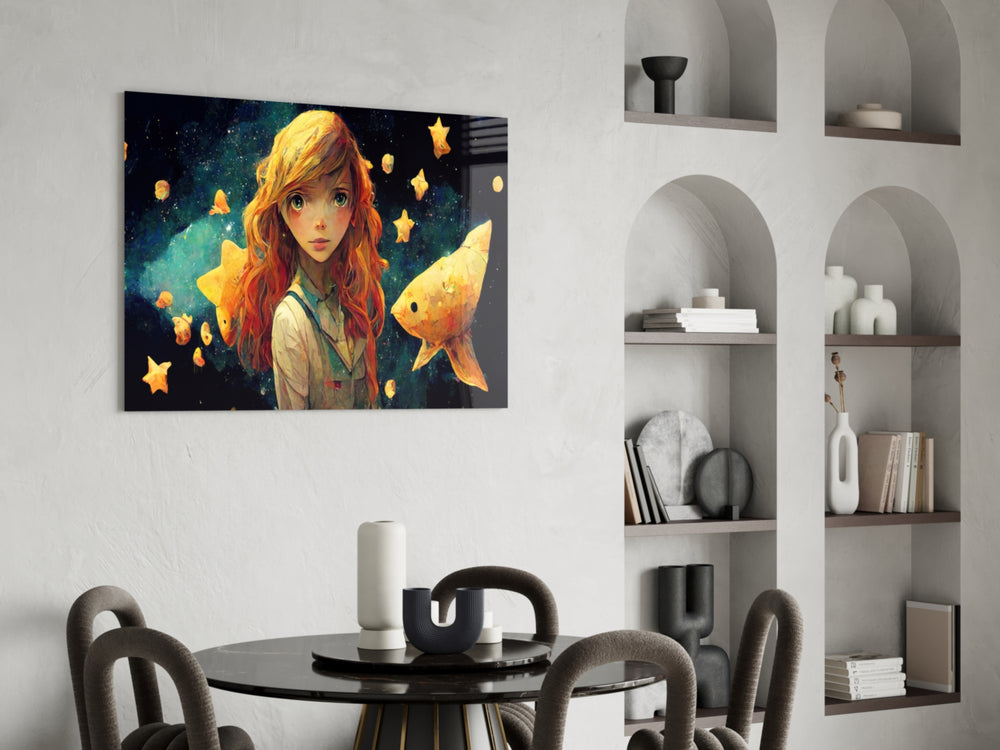 Space Aquarium panel adding editorial grace to a hallway