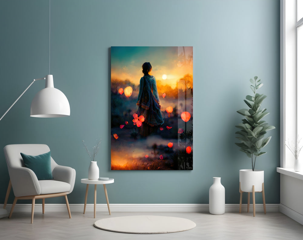 Towards Sunset glass wall art styled above a console in a hallway