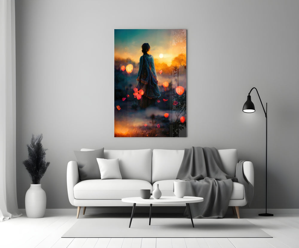 Towards Sunset close-up showing robed wanderer amid floating tulip-lanterns