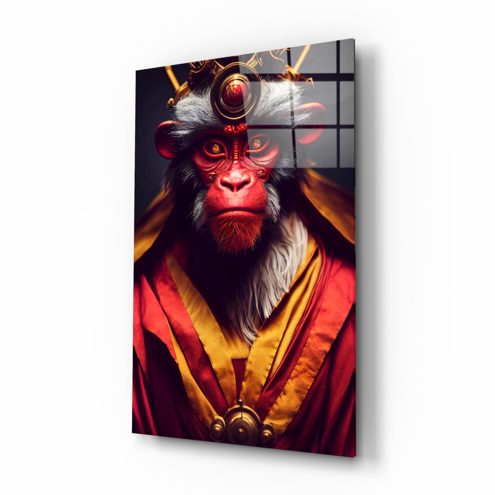 Ape King glass wall art displayed above a walnut console in a moody hallway with brass sconces