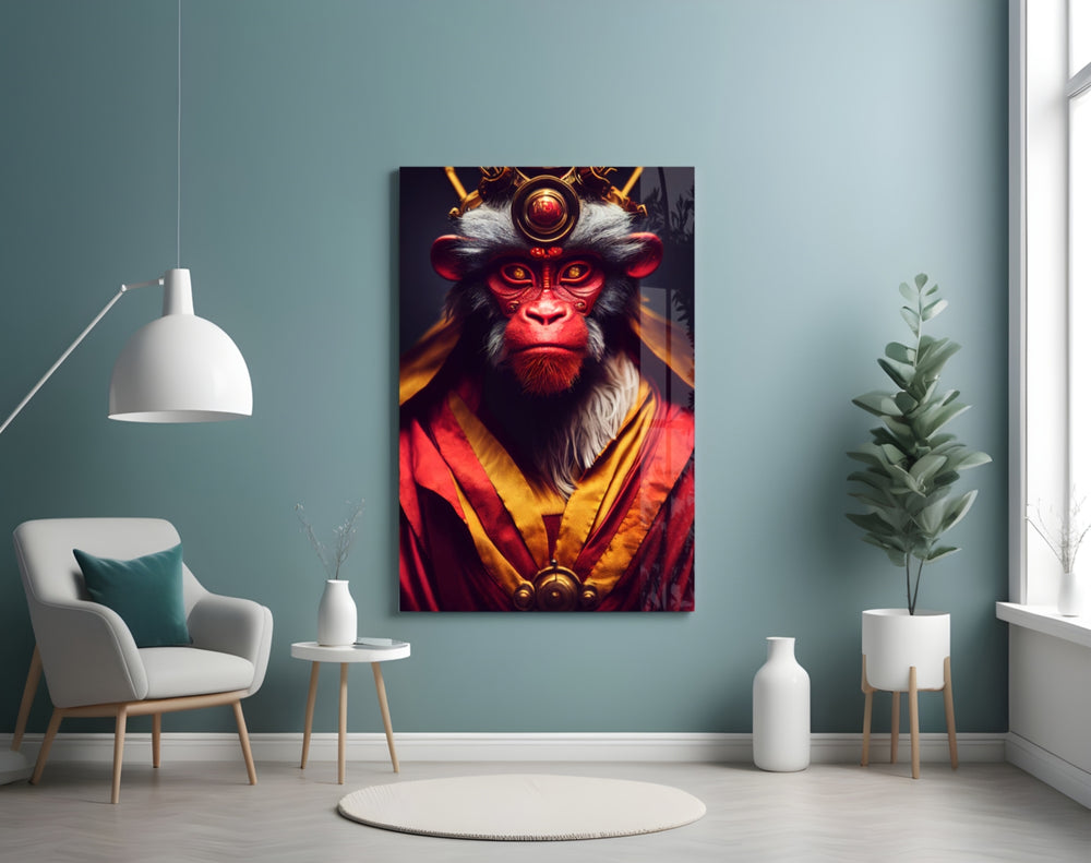 Ape King glass wall art styled above a desk in an office
