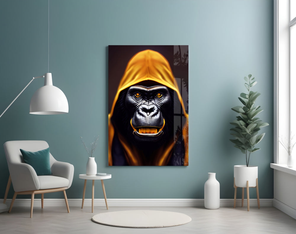 Angry Smile glass wall art styled above a desk in a study