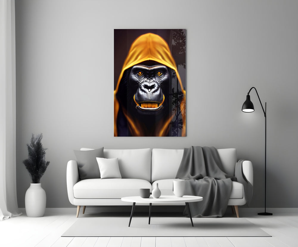 Angry Smile close-up showing hooded gorilla with amber eyes and yellow teeth