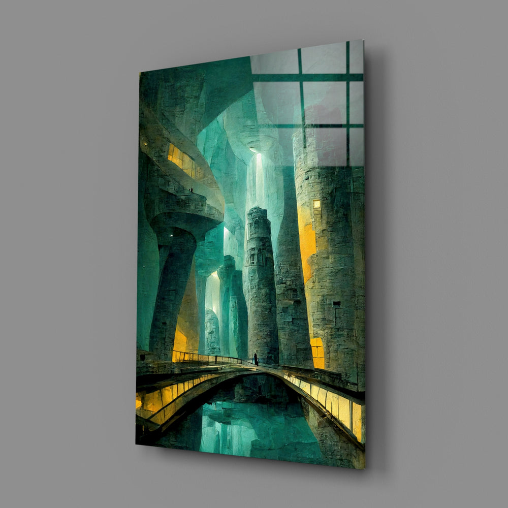 Fantasy-architecture panel bringing monumental gravity to a contemporary man cave