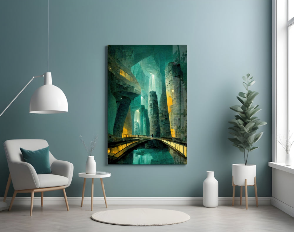 Underground glass wall art styled above a desk in an office