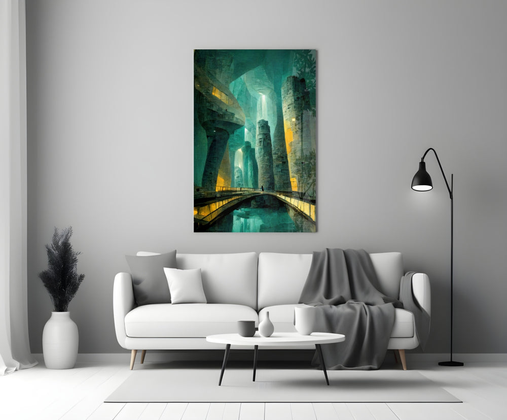 Underground close-up showing stone columns and gold lamp-lights in teal cavern