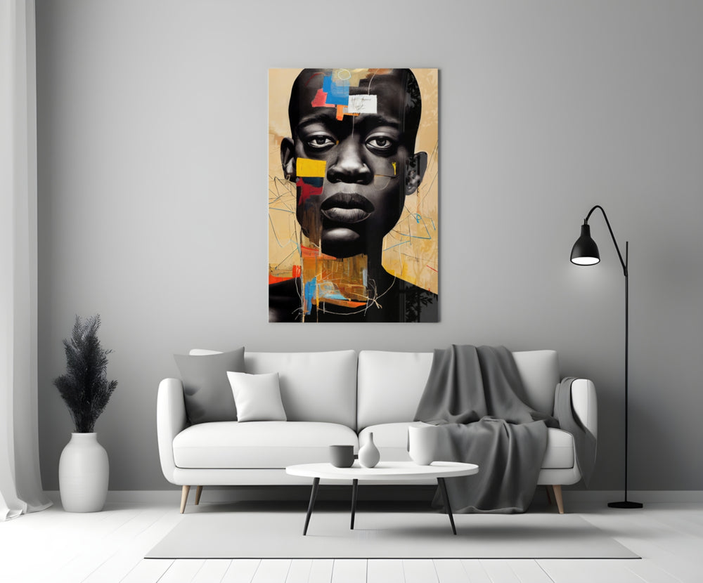 The Rebellious Look close-up showing African portrait amid crimson and teal blocks